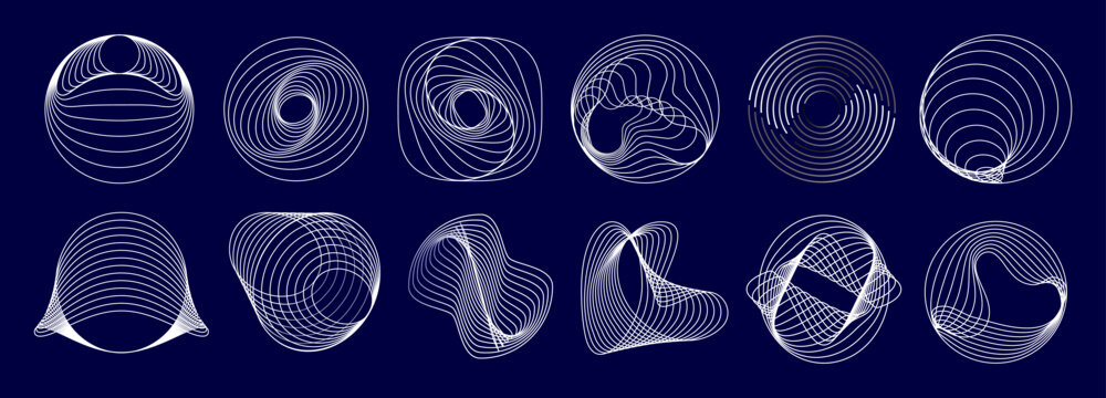 Geometric line round wave spiral vector shapes. Abstract geometric white line shapes in circular and spiral forms with smooth contours. Distortion and fluid wave movement, optical illusion