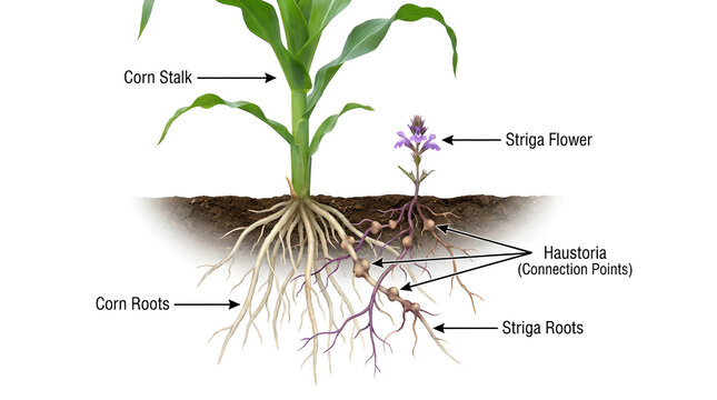 Corn stalk infected with parasitic Striga plant roots underground