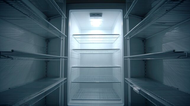 Empty Refrigerator Interior Lit by a Single Bulb