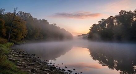 Obraz premium Serene Misty River at Dawn