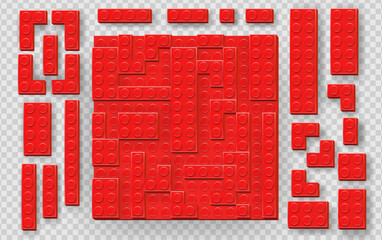Realistic red plastik constructor parts isolated on transparent background. Play and build concept. Vector illustration © boxerx