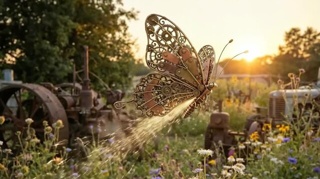 Steampunk Mechanical Butterfly Flying over Wildflowers at Sunset 3D Render