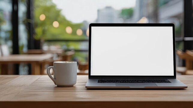 Modern Workspace with Laptop and Coffee on Wooden Table Surface