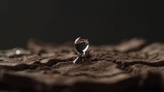 A single water droplet on dry cracked earth, captured in a close-up shot, highlighting the contrast between the parched land and the small droplet's reflective surface.