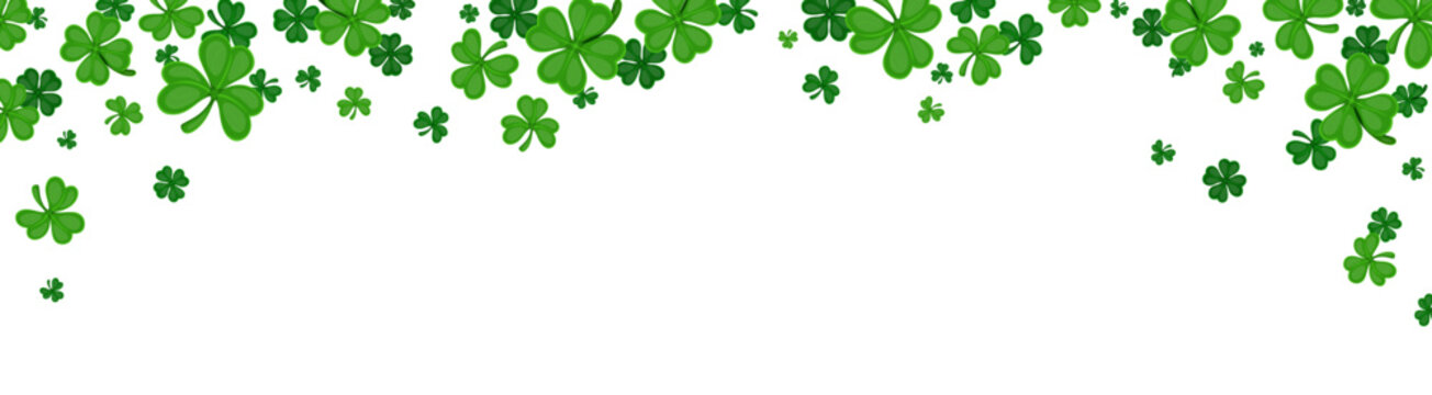 St Patrick's border frame with shamrock clover leaves for Irish holiday, vector background. Lucky trefoil and four leaf clovers and shamrocks splash for decoration frame on Saint Patric Day greeting