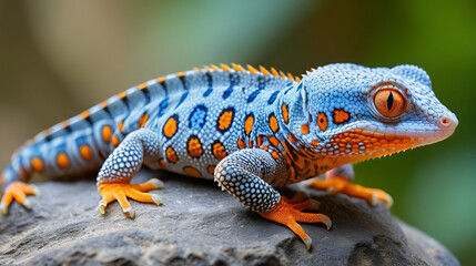 Obraz premium Beautiful tokay gecko with bright orange and blue spotted pattern resting on rock against blurred natural background, perfect for wildlife and exotic pets advertising.
