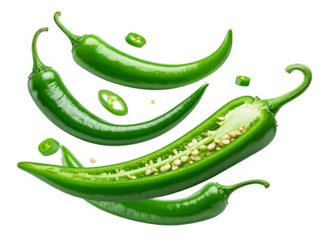 Flying falling green chili peppers isolated on transparent or white background, png
