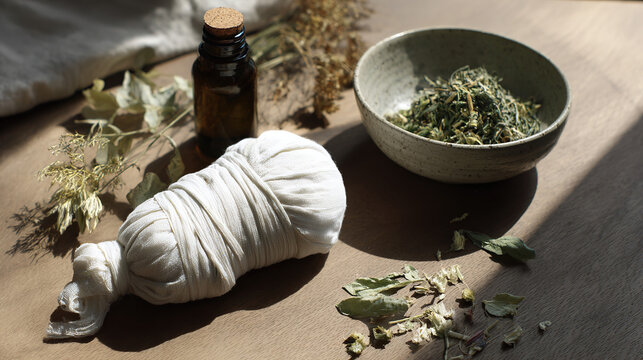 Minimalist herbal medicine scene with poultice, dried herbs, and soft natural lighting, conveying traditional healing, wellness, and organic healthcare aesthetics with ample negative space for commerc