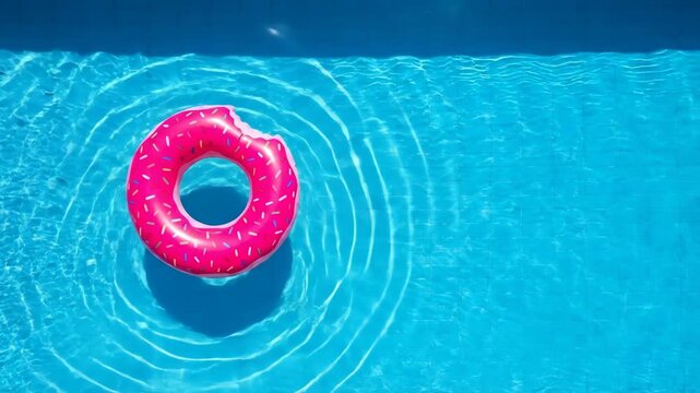 Aerial view of pink donut pool float bobbing gently in blue swimming pool water