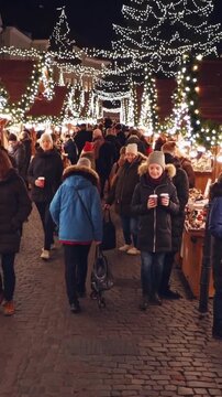 night christmas market with white crowd, bundled shoppers strolling cobblestone street beneath twinkling string lights and illuminated evergreen tree, wooden stalls offering hot drinks and handmade