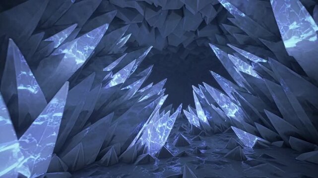 shimmering ice cavern with jagged crystal shards and deep blue glow, wideangle cinematic interior of sharp translucent spires forming tunnel, reflective facets throwing prism highlights