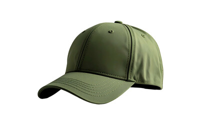 Fototapeta premium Olive green baseball cap isolated on black background, showcasing its brim and panels