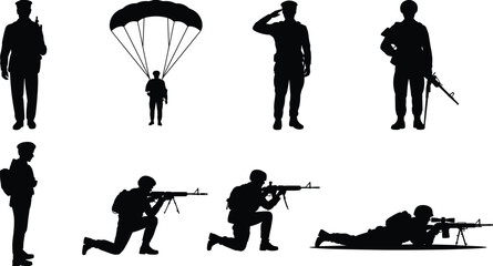 Army soldier silhouette set with parachute landing and sniper shooting poses, military troops in tactical combat positions isolated vector illustration © SreeRupali