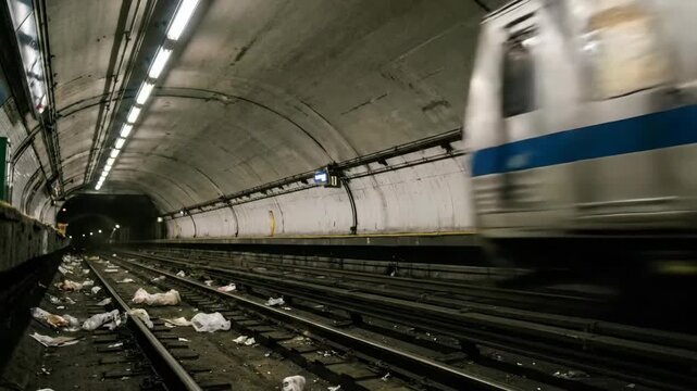 Subway Train Speeding in Dirty Underground Tunnel with Trash on Tracks
