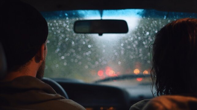 Man and woman rainy car window watch. Car interior; man and woman gazing out rain-streaked window, dashboard lights soft, wipers mid-motion, 35mm lens, no branding