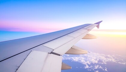 Fototapeta premium A view from an aircraft window, showing a wing against a vibrant, pastel-colored sky, clouds below, and the sun