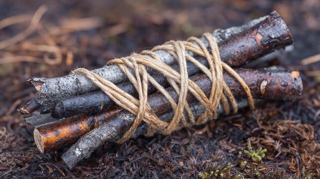 Three friends coppice twig bundle tie. Woods; three adults bundling coppice twigs twine tight, bark varied texture, forest floor humus rich, ax lean nearby plain, 50mm lens, no paths