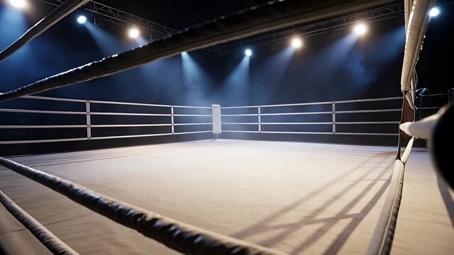 boxing ring empty arena under spotlights with illuminated ropes and dramatic lighting