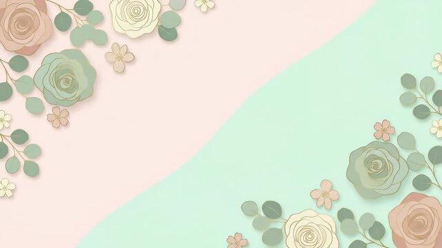 Pastel Floral Frame with Roses and Leaves on Pink and Mint Green Background