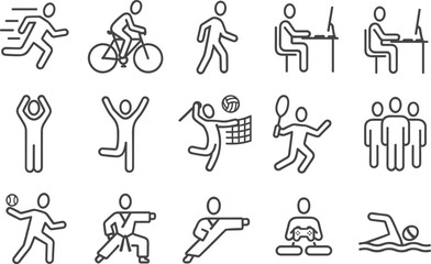 Fototapeta premium Human activity icons, sports exercise, fitness recreation, cycling running walking, computer work, gaming leisure, swimming tennis volleyball, martial arts silhouette illustration