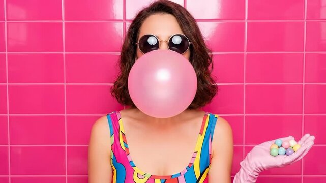 Woman Blowing Pink Bubblegum Bubble in Colorful Swimsuit with Sunglasses 4K