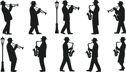 Jazz musician silhouettes collection, trumpet and saxophone players walking near vintage street lamp isolated on white background music vector illustration set © SreeRupali
