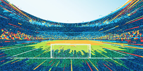 Modern and abstract illustration of a soccer field with a ball, designed with geometric shapes and lines for a sports background. © Yudi