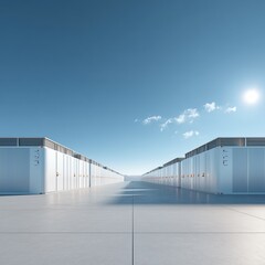 Obraz premium Modern Industrial Storage Buildings Under Clear Blue Sky