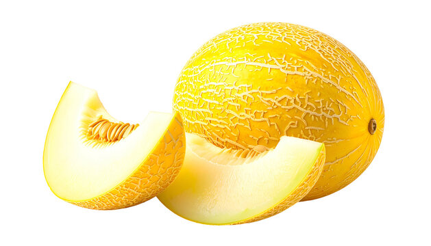 Ripe yellow melon with two slices, showcasing seeds and textured rind, isolated on black