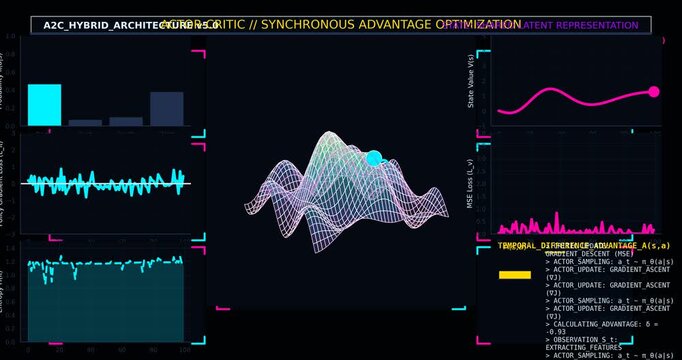 Actor Critic Reinforcement Learning Architecture Visualization Showing Autonomous Agent Training, Policy Optimization and Artificial Intelligence Decision System Concept