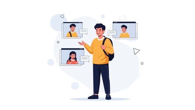 Young man in online meeting with classmates, remote learning concept