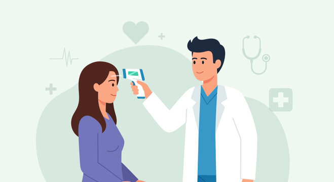 Modern healthcare flat illustration showing a medical doctor performing temperature screening with a digital thermometer. Medical examination, clinic visit concept, simple shapes, smooth lines, profes