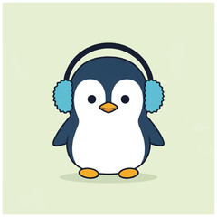 Naklejka premium Cartoon Penguin Wearing Headphones Earmuffs.