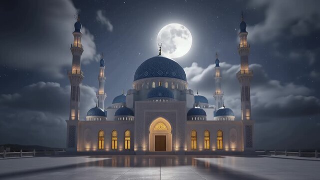 moonlit mosque with domes and minarets under full moon night sky