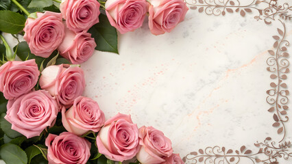 Close up view of pink roses arranged in a decorative corner