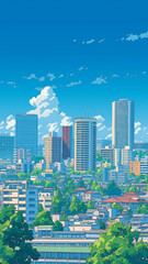 Fototapeta premium 大きな雲が浮かぶ都市の遠景、手描き風の高層ビル群、街のパノラマと余白構図、背景素材、風景、建築、街並み、スカイライン