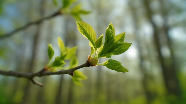 Closeup of vibrant green leaves budding on a tree branch in a lush forest during springtime. 4k Footage Video