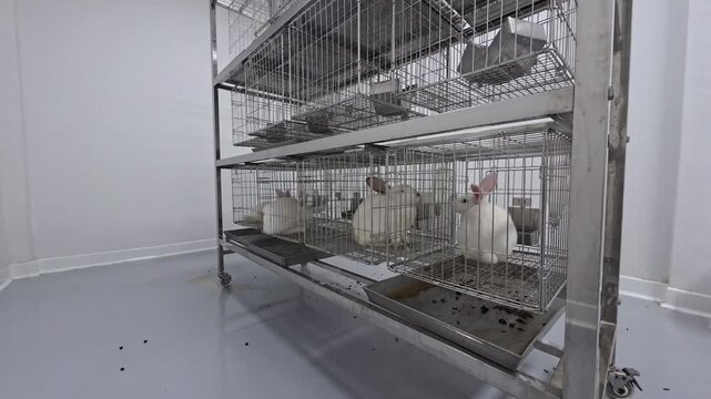 white laboratory rabbits in metal cages for scientific research and medical testing