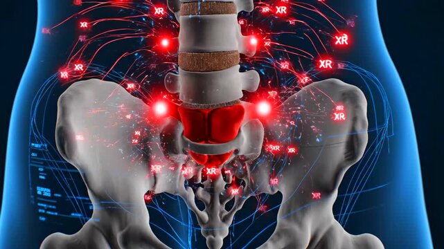 lumbar spine inflamed nerves highlighted caucasian patient clinical scan showing red hotspots along lower vertebrae and nerve roots near sacrum and pelvis, pain mapping visualization