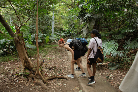 Group of friends in sportswear curiously looking at an object 