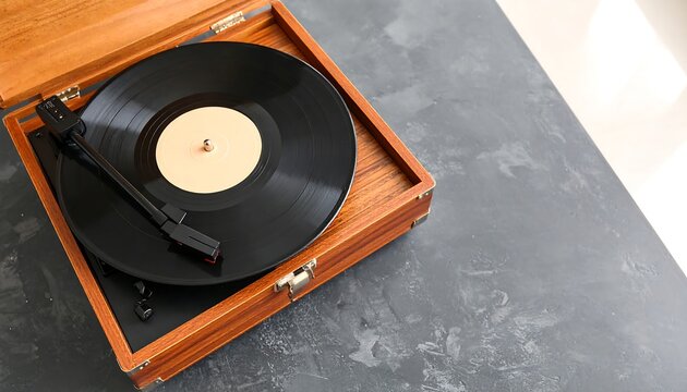 A vintage wooden record player sits on a gray surface with a vinyl record in place and the tonearm lowered. Soft light enters from the side