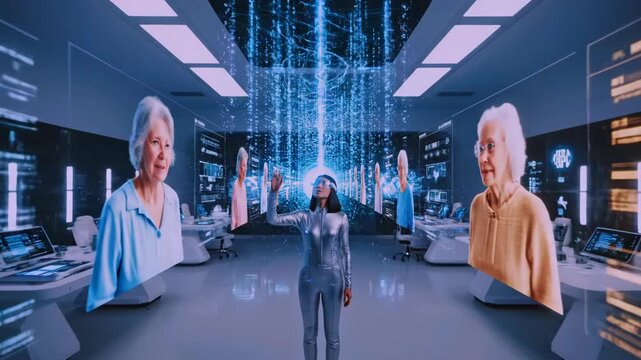 woman wearing xr headset in lab surrounded by cascading blue holograms and senior avatars immersive therapy session explores memory, cognition and emotion with interactive gestures, soft