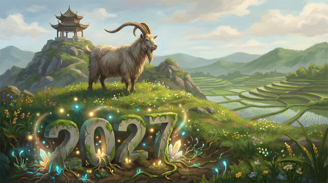 2027 The Chinese New Year symbolizes goat year an Earth Goat year with Chinese temple in daylight art