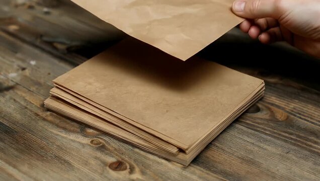 simple 4K stationary shot featuring neat stack of traditional brown paper sheets resting atop wooden table surface serving as ideal textured surface for practical note taking or various artistic