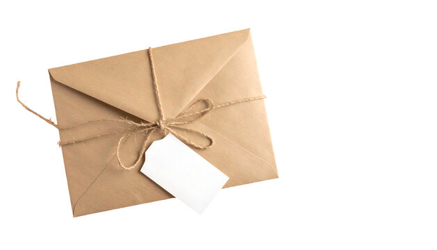 Kraft paper envelope tied with twine, blank tag, isolated on black