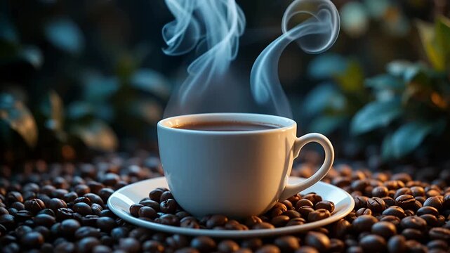 coffee cup steaming among roasted beans in cozy outdoor setup