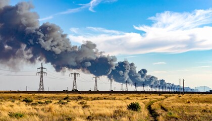 Power lines against a backdrop of smoke and clouds