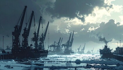 Industrial port with cranes and ships in foggy weather