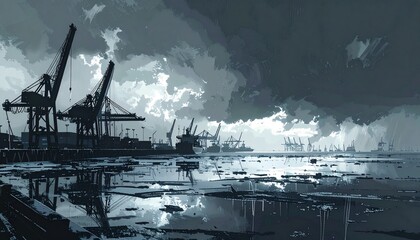 Industrial port with cranes and ships in foggy weather