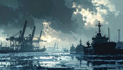 Industrial port with cranes and ships in foggy weather